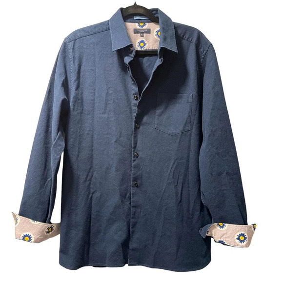 Ted Baker | Navy with Floral Cuffs Button Up Cotton Dress Shirt - Picture 1 of 7